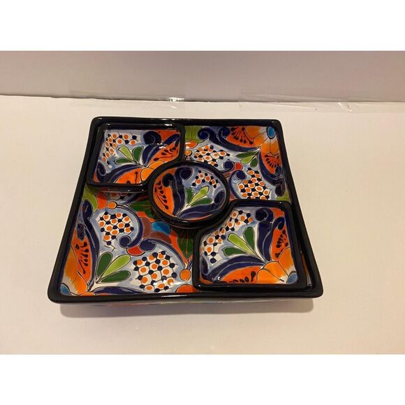 Vintage Talavera Large Hand Painted Serving Plate and 2 Small Corner Dishes Blue - Picture 6 of 12